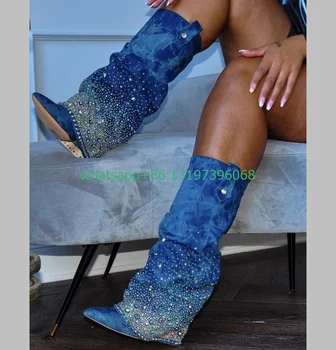 Женские синие ковбойские замшевые сапоги до колена со стразами, разноцветные ботинки с блестящими кристаллами, джинсы, джинсовые сапоги, винтажные повседневные ботинки, размер 34-43