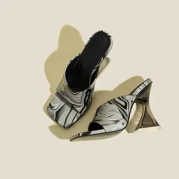 Камуфляжные Прозрачные Женские тапочки на необычных высоких каблуках, Сандалии, Шлепанцы с квадратным носком, женские туфли-лодочки, слайды