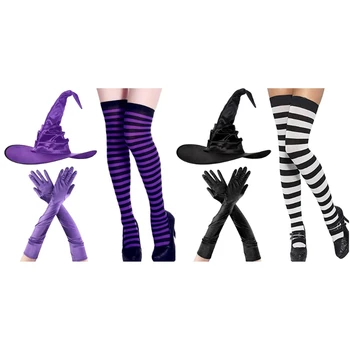Шляпа для костюма ведьмы на Хэллоуин, Перчатки, Носки, комплект праздничных кепок, Женская Шляпа волшебника с рюшами, Унисекс, Колпак Ведьмы, аксессуар для косплея, костюм