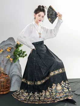 Полный комплект новой юбки с лошадиной мордой в китайском стиле, улучшенный комплект однотонных повседневных рубашек Hanfu, женская одежда 2023