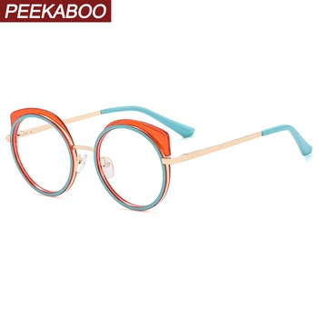 Peekaboo ретро стиль круглая оправа для очков для женщин TR90 прозрачные линзы кошачий глаз очки анти синий свет женский металл черный леопард подарок