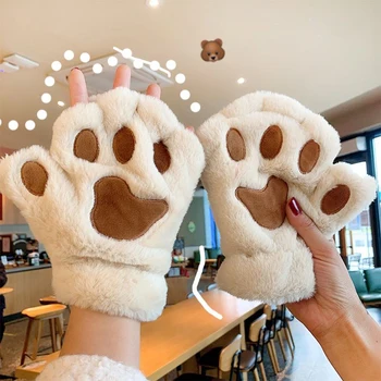 Женские перчатки Kawaii Cat Paws, зимние перчатки, Пушистые лапы, плюшевые перчатки-варежки для девочек, короткие тепловые перчатки для рук на половину пальца