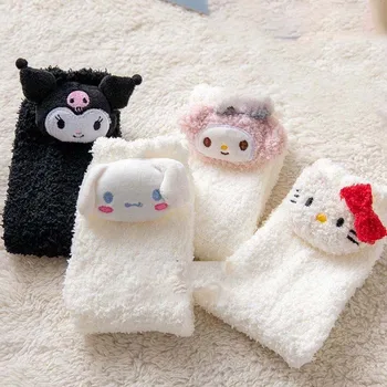 Sanrio Kawaii Hello Kitty Носки до середины Икры Kuromi Утолщенные My Melody Детские Теплые Носки Из Кораллового Флиса Детский Подарок