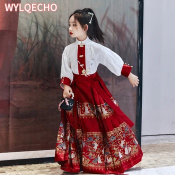 2023 НОВОЕ летнее китайское платье Hanfu для девочек, юбка с традиционной вышивкой в виде лошадиной морды для детей, принцесса Ханбок