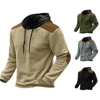 Мужской пуловер с капюшоном, стильная мужская толстовка с капюшоном из вафельной текстуры с завязками, пуловер с нашивкой на капюшоне, пуловер с длинным рукавом для мужчин