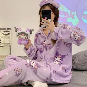 Женская зимняя пижама Sanrio Kawaii Kuromi My Melody Cinnamoroll Pochacco, плюшевая ночная рубашка, мультяшная теплая студенческая домашняя одежда