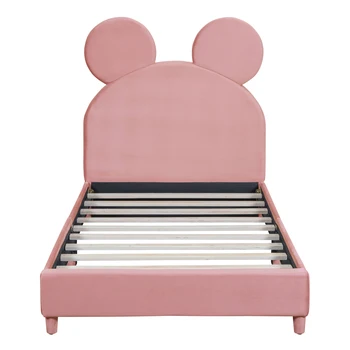 Кровать-платформа с мягкой обивкой двойного размера с изголовьем в форме медвежьего уха, розовая